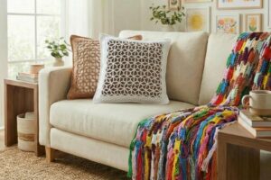 Detalhe de trabalho manual em crochê: Almofadas de crochê em fio de algodão, pontos altos e baixos, manta colorida em ponto relevo, sofá bege. Peças quadradas, cores predominantes: branca, marrom, multicolorida. — Produzido por Samuel Ramos - Blog do Crochê.