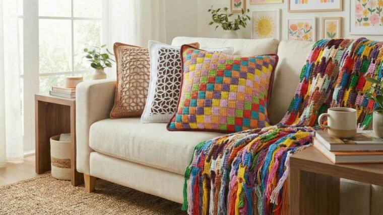 Detalhe de trabalho manual em crochê: Almofadas e manta de crochê em fio de algodão, pontos altos e baixos, formatos quadrados, cores vibrantes como amarelo, verde, azul, rosa e bege. — Produzido por Samuel Ramos - Blog do Crochê.