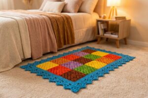 Detalhe de trabalho manual em crochê: Tapete retangular de crochê feito com fio de algodão, pontos alto e pipoca, cores vibrantes como amarelo, laranja, roxo, verde e borda azul destacada. — Produzido por Samuel Ramos - Blog do Crochê.