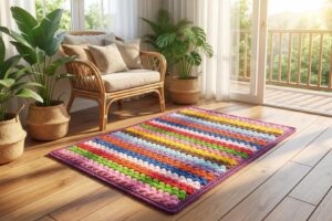 Detalhe de trabalho manual em crochê: Tapete retangular de crochê com ponto pipoca, feito com fio de algodão, cores vibrantes em listras multicoloridas, em sala iluminada com plantas. — Produzido por Samuel Ramos - Blog do Crochê.