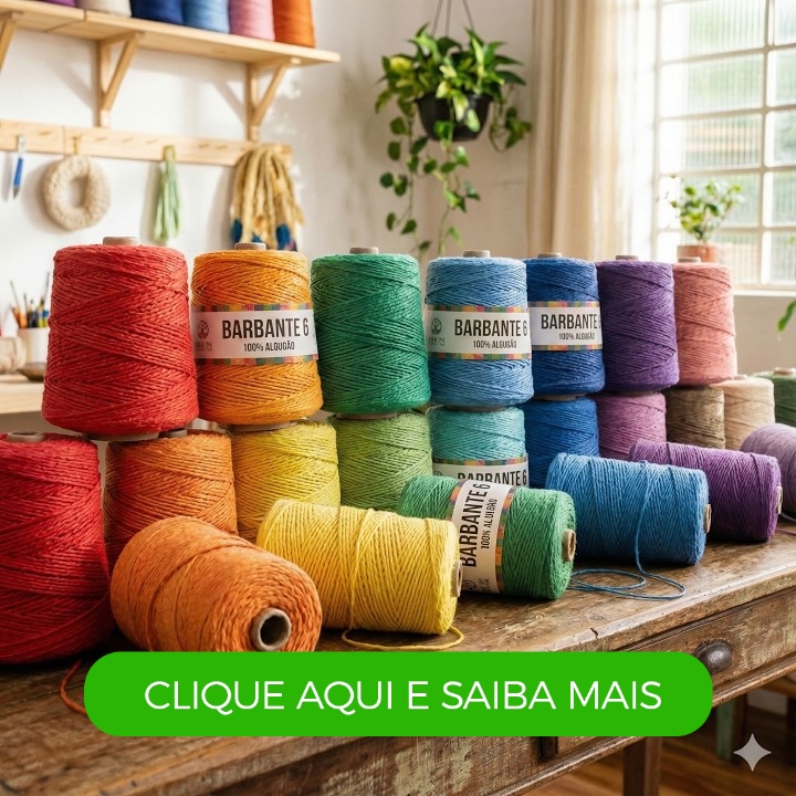 Detalhe de trabalho manual em crochê: Fios de barbante 100% algodão em diversas cores vibrantes, ideais para crochê de sousplat, tapete ou manta, apresentados em novelos sobre mesa de madeira. — Produzido por Samuel Ramos - Blog do Crochê.