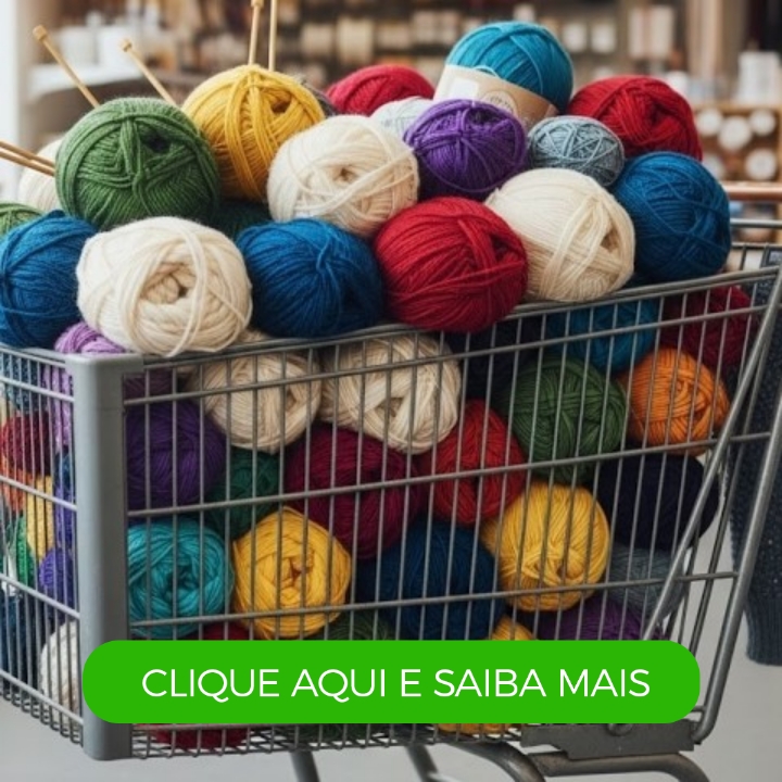 Detalhe de trabalho manual em crochê: Carrinho de compras cheio de novelos de fio de algodão para crochê, em cores variadas e vibrantes, ideal para tapetes, sousplats ou mantas em pontos altos e baixos. — Produzido por Samuel Ramos - Blog do Crochê.