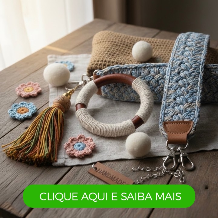 Detalhe de trabalho manual em crochê: Acessórios em crochê com ponto alto e barbante de algodão, tons pastel, flores aplicadas, alça larga azul e bege, formato retangular e detalhes em madeira. — Produzido por Samuel Ramos - Blog do Crochê.